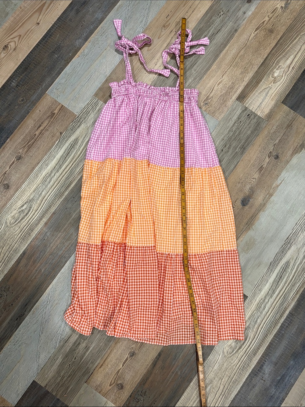 Gingham Tie-Shoulder Tiered Sundress in Pink and Orange - Picture 3 of 5